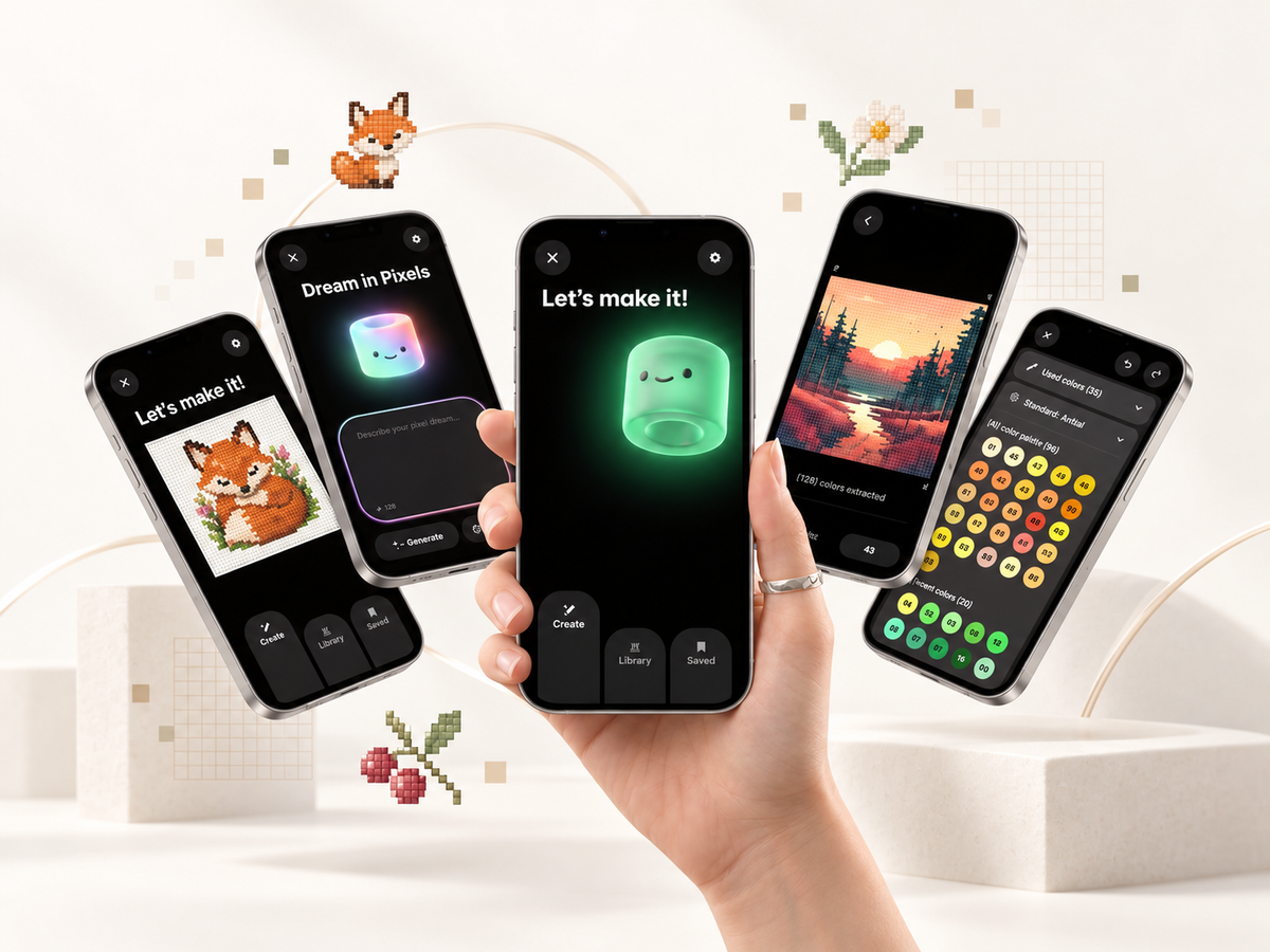 The PixMaker app on a phone beside the LED-guided board