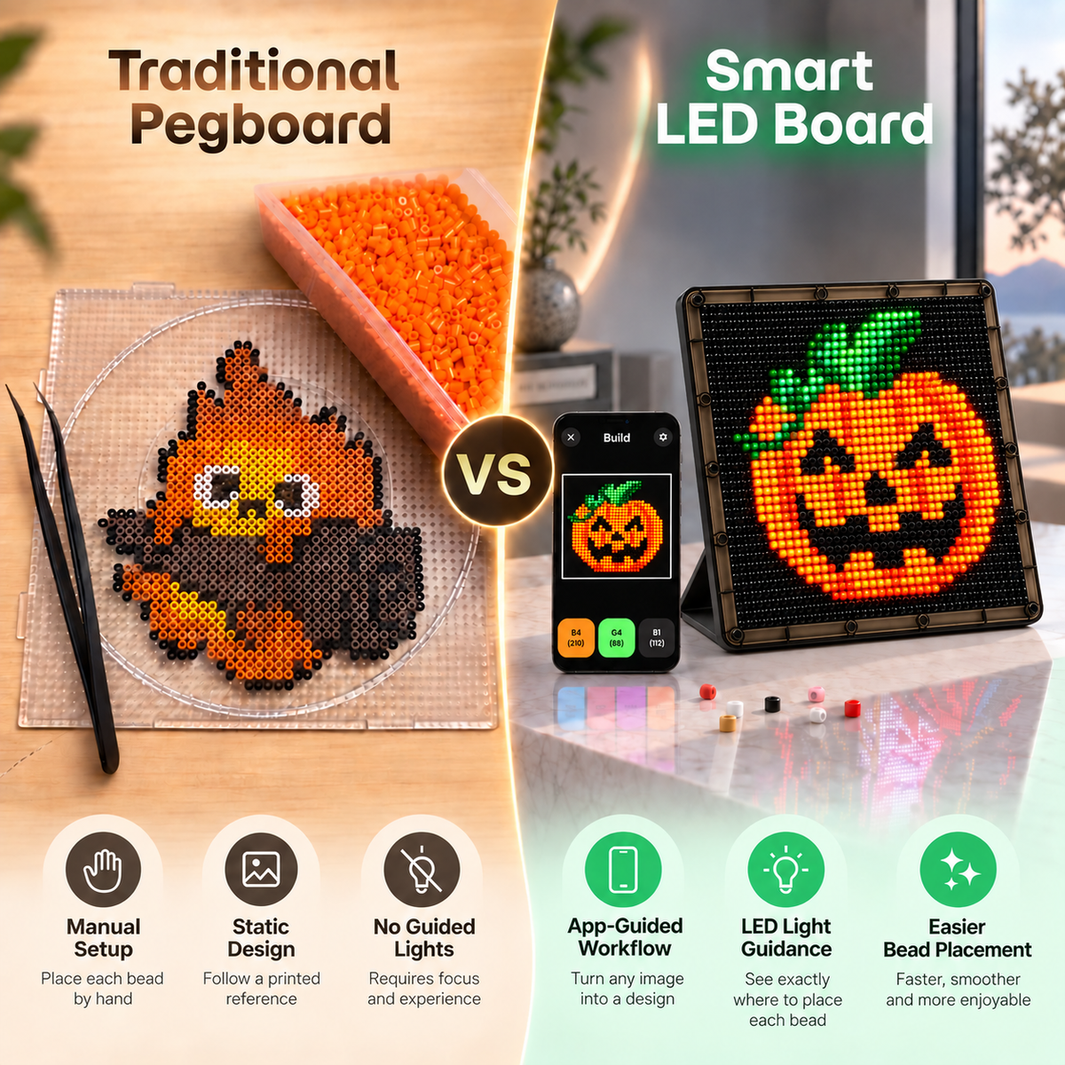 Side-by-side comparison of a traditional fuse bead pegboard and a smart LED-guided bead art board.