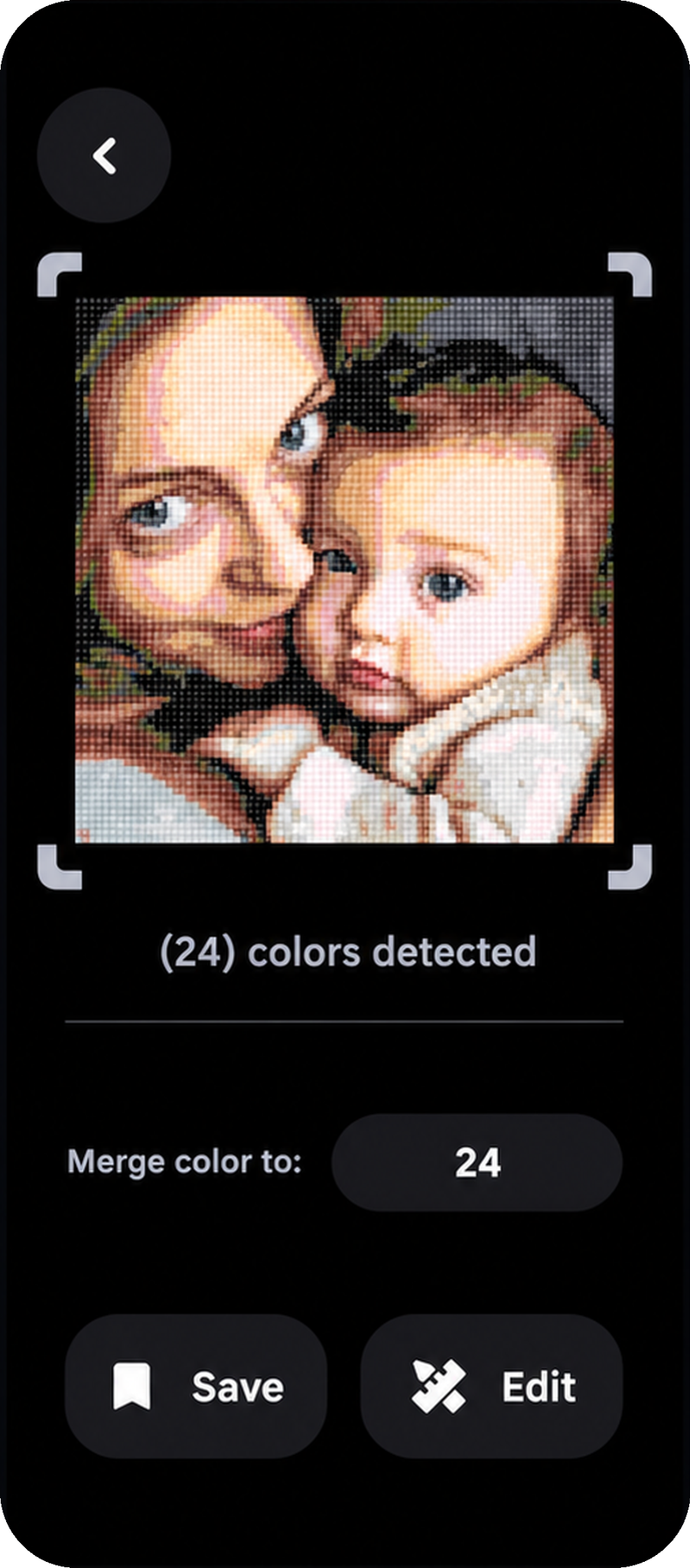 PixMaker app result for a portrait reduced to 24 colors: eyes, skin tones and shading are kept